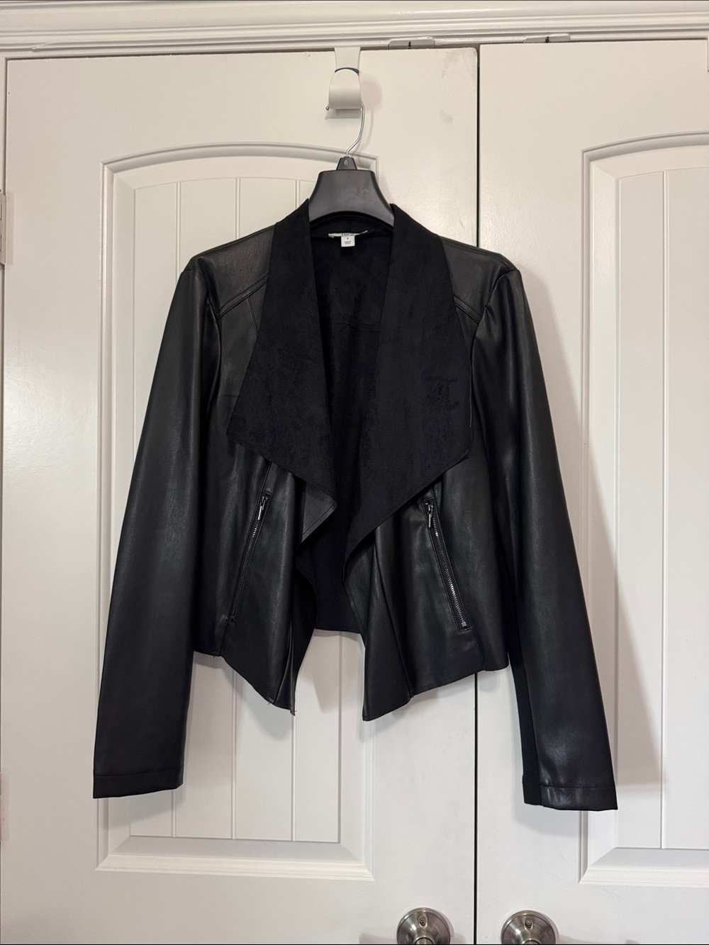 Bar III Black Draped Faux Leather Bomber Jacket